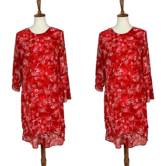PAOLA PRATA Floral Tissue Paper Layered Red Modest wedding Guest Dress